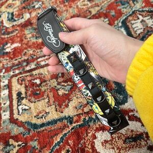 Ed Hardy Black Faux Leather Studded Graphic Skull Belt